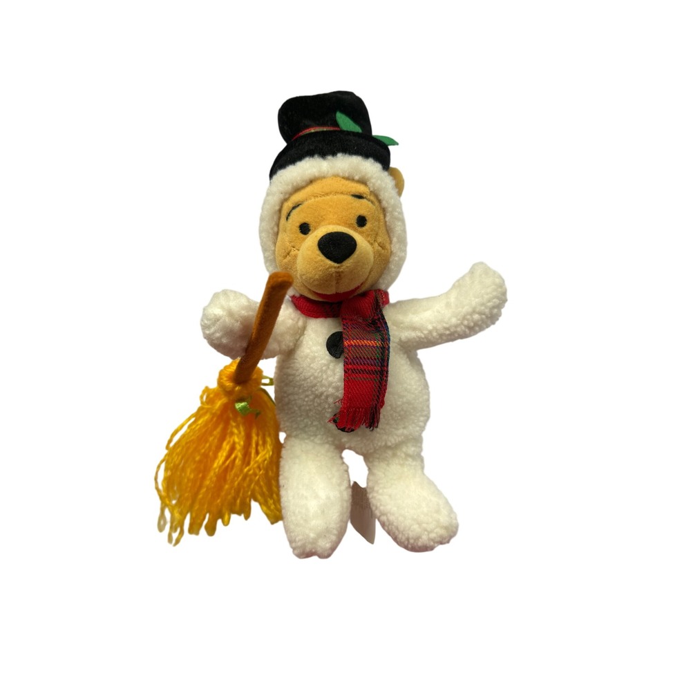 Disney Store Vintage Snowman Pooh 8" Mini Bean Bag Plush Broom Christmas